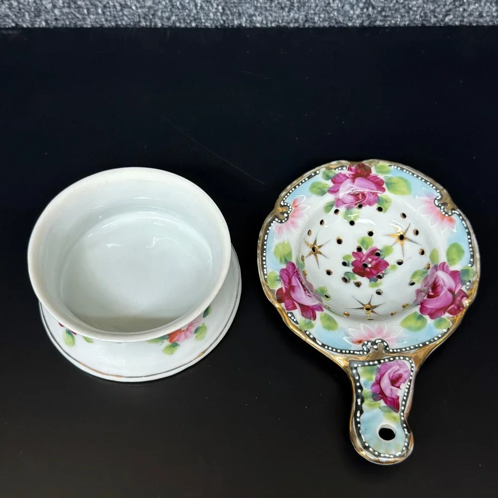Vintage Japan Porcelain Tea Strainer Drip Bowl Pink Roses Gold Gilt Floral Set